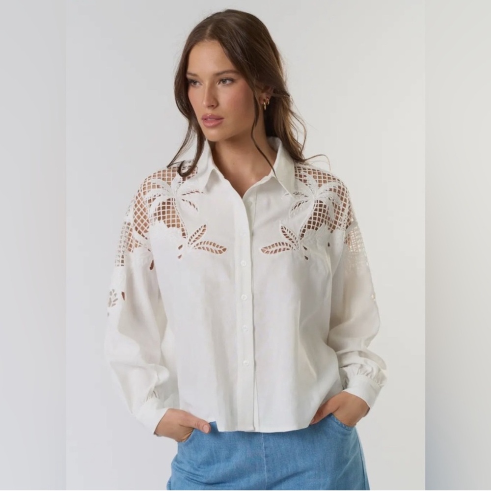 909. NEW The Elegant Embroidery Cut Out Lace Button Down Shirt